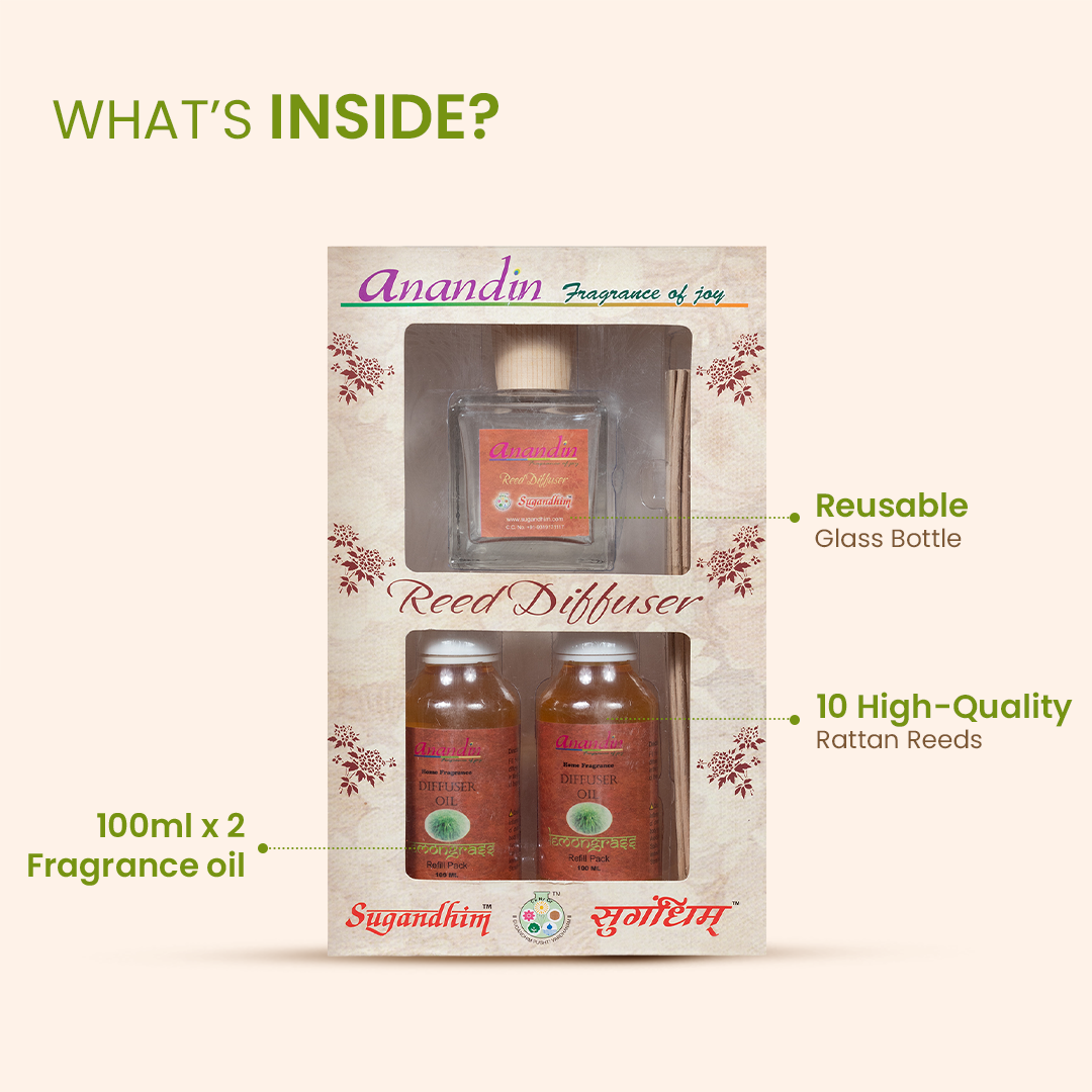Anandin Reed Diffuser - Lemongrass Fragrance - 200ml + 10 Sticks