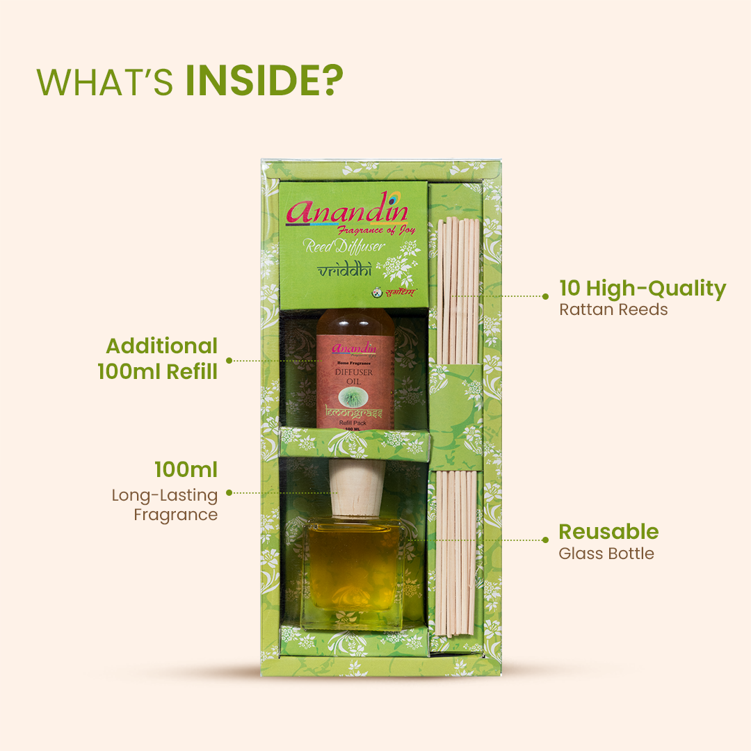 Anandin Reed Diffuser - Vriddhi/Lemongrass Fragrance - 200ml+10Sticks
