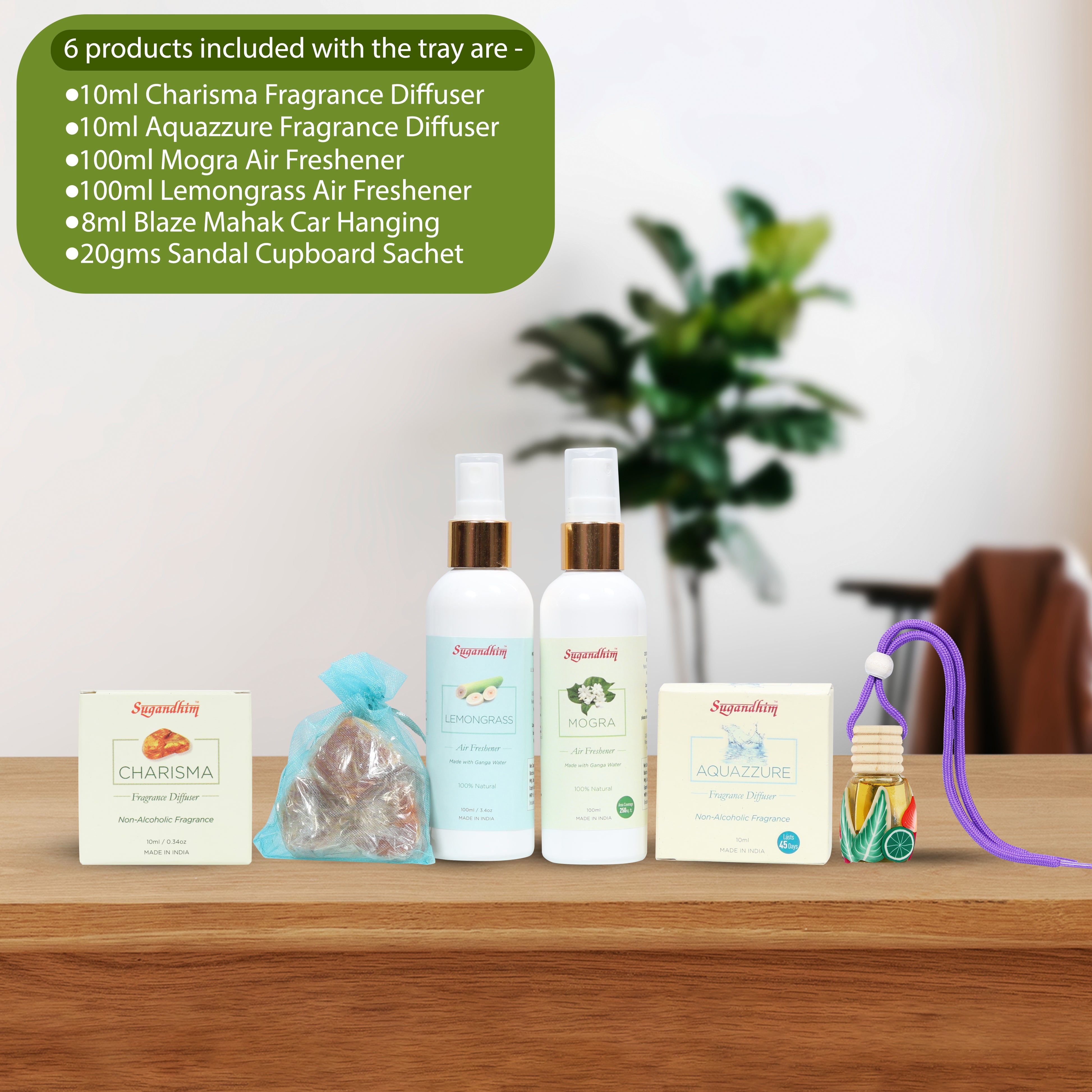 Sugandhim Air Care Gift Set - 6 Products with Wooden Tray