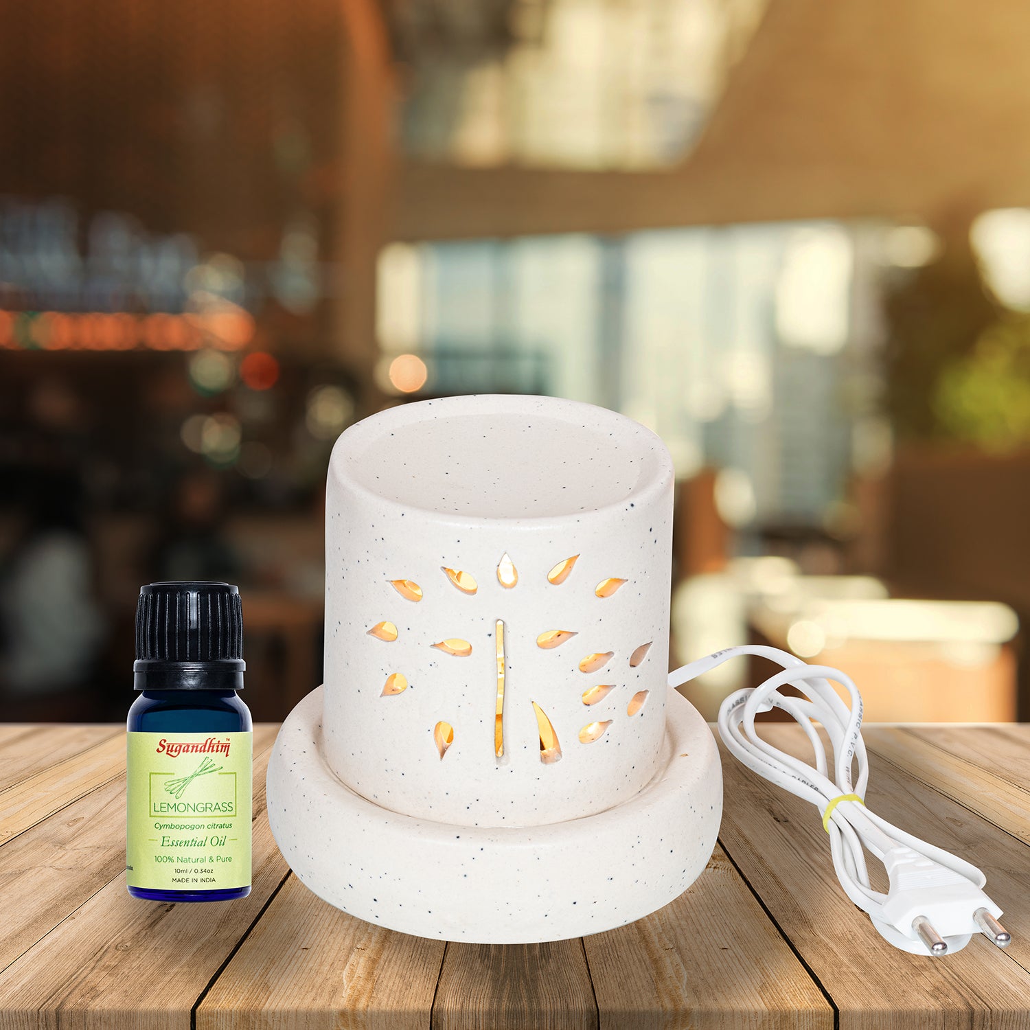 Electric Diffuser with 10ml Lemongrass Essential Oil - Cream Colour With Black Dots