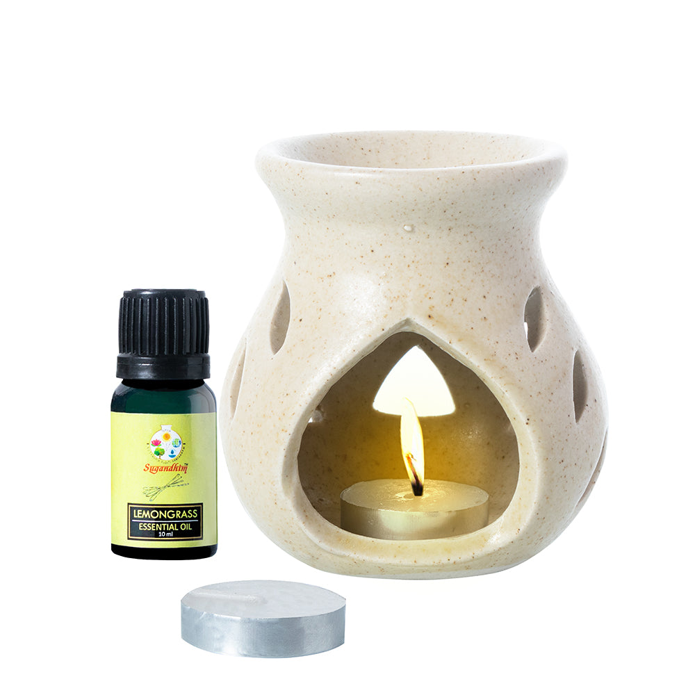 Candle Diffuser Ceramic with 10ml Lemongrass Essential Oil - Cream Colour