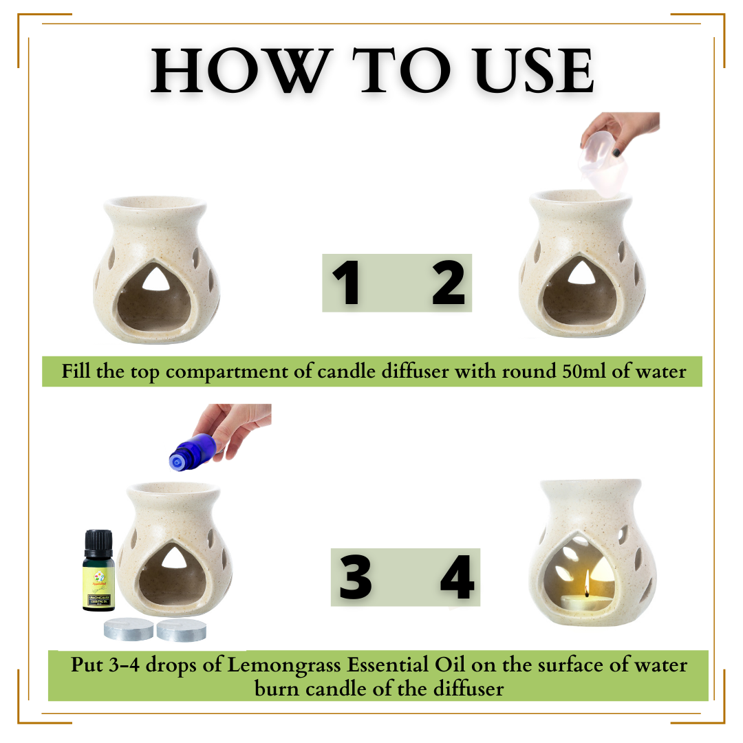 Candle Diffuser Ceramic with 10ml Lemongrass Essential Oil - Cream Colour