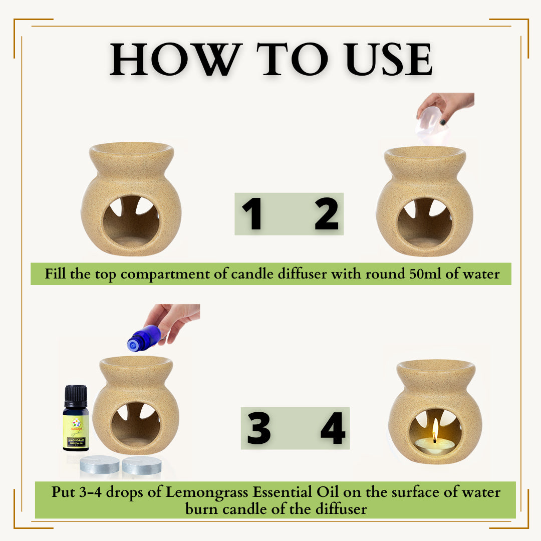 Candle Diffuser Ceramic With 10ml Lemongrass Essential Oil - Beige Colour