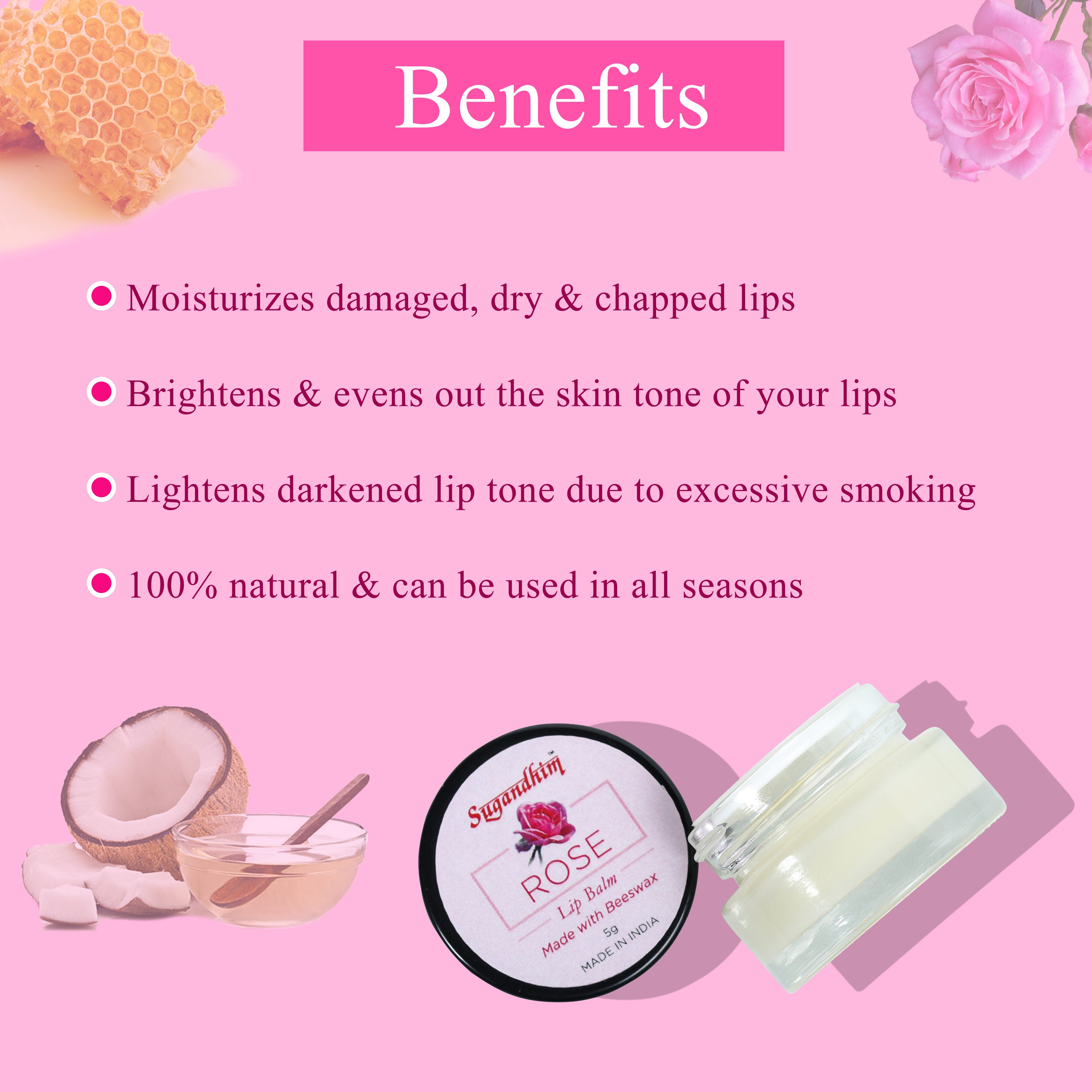 Natural Rose Wax with Beeswax Lip Balm - 5gms