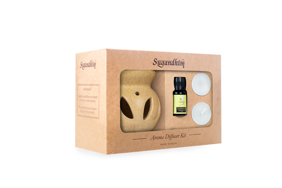 Candle Diffuser Ceramic With 10ml Lemongrass Essential Oil - Beige Colour