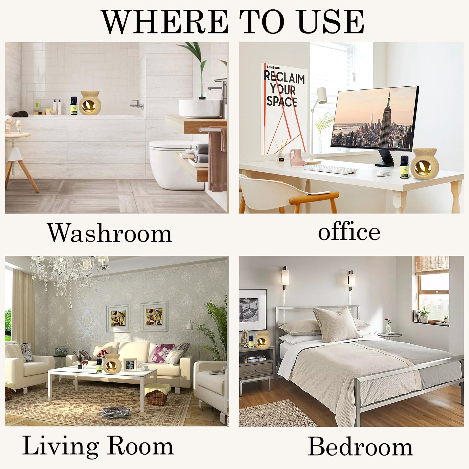 Candle Diffuser Ceramic With 10ml Lemongrass Essential Oil - Beige Colour