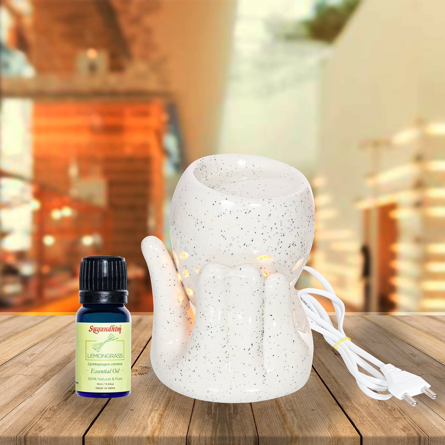 Electric Diffuser with 10ml Lemongrass Essential Oil - Off White Colour With Black Dots