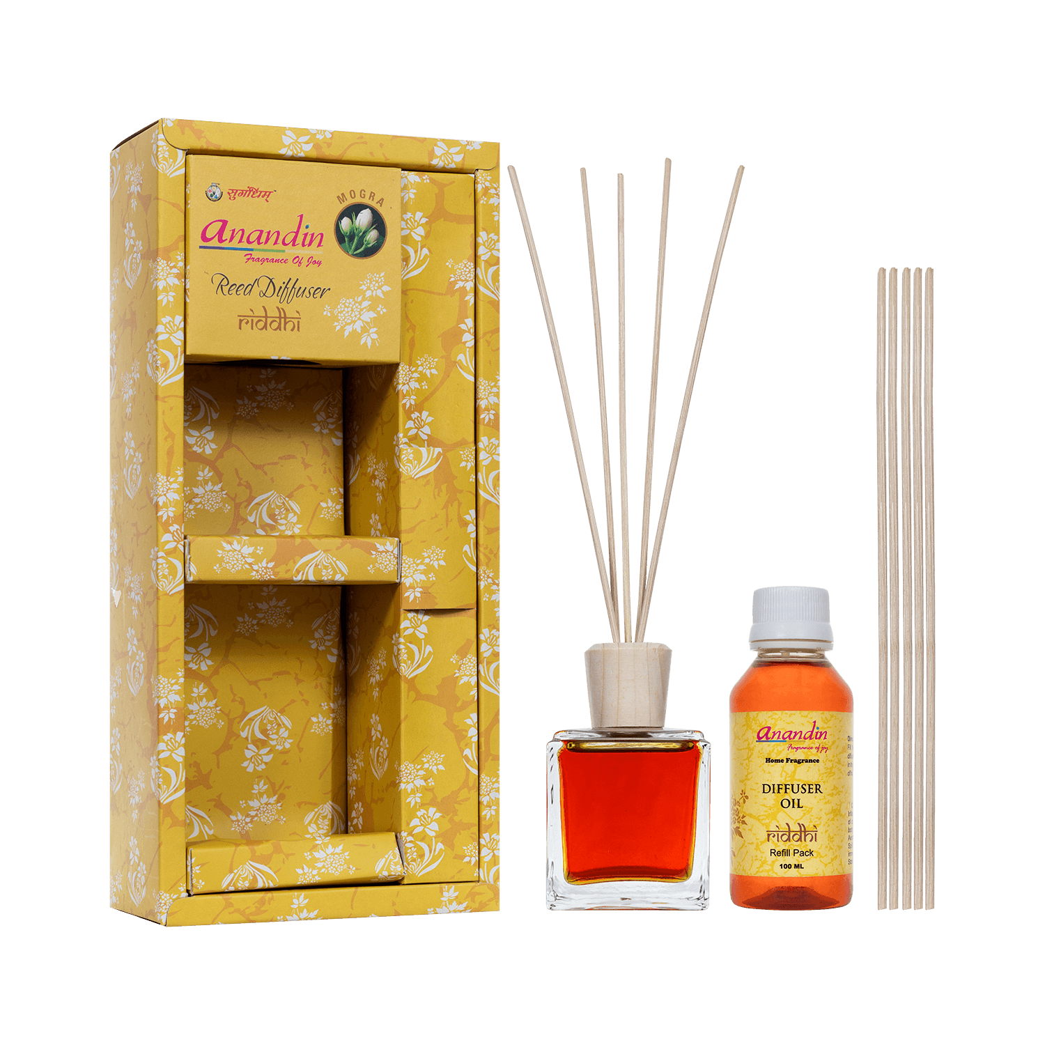 Anandin Reed Diffuser - Riddhi/Mogra Fragrance - 200ml+10Sticks