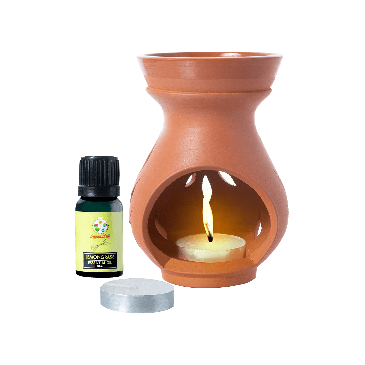 Candle Diffuser Teracotta with 10ml Lemongrass Essential Oil - Brown Colour