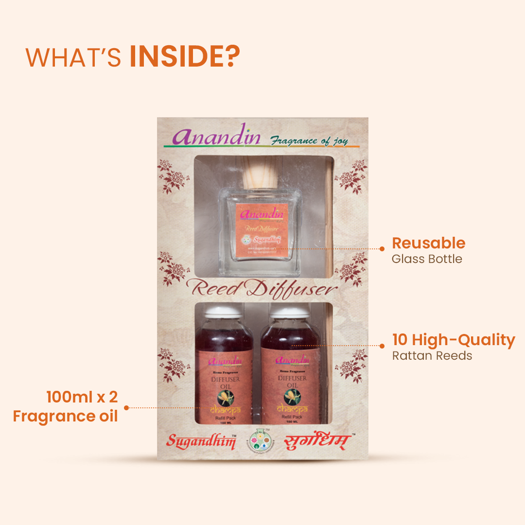 Anandin Reed Diffuser - Champa Fragrance - 200ml + 10 Sticks