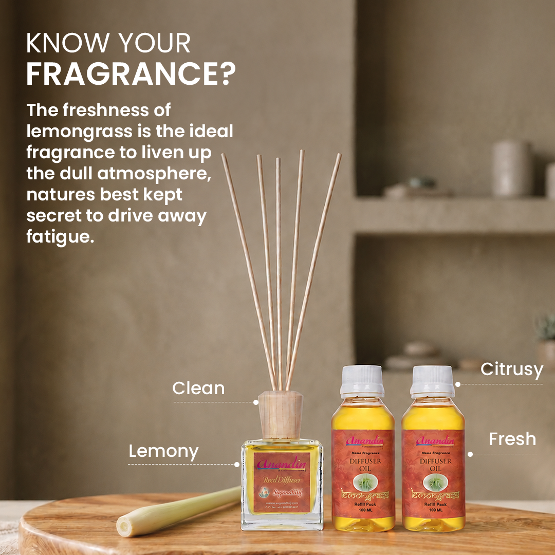 Anandin Reed Diffuser - Lemongrass Fragrance - 200ml + 10 Sticks