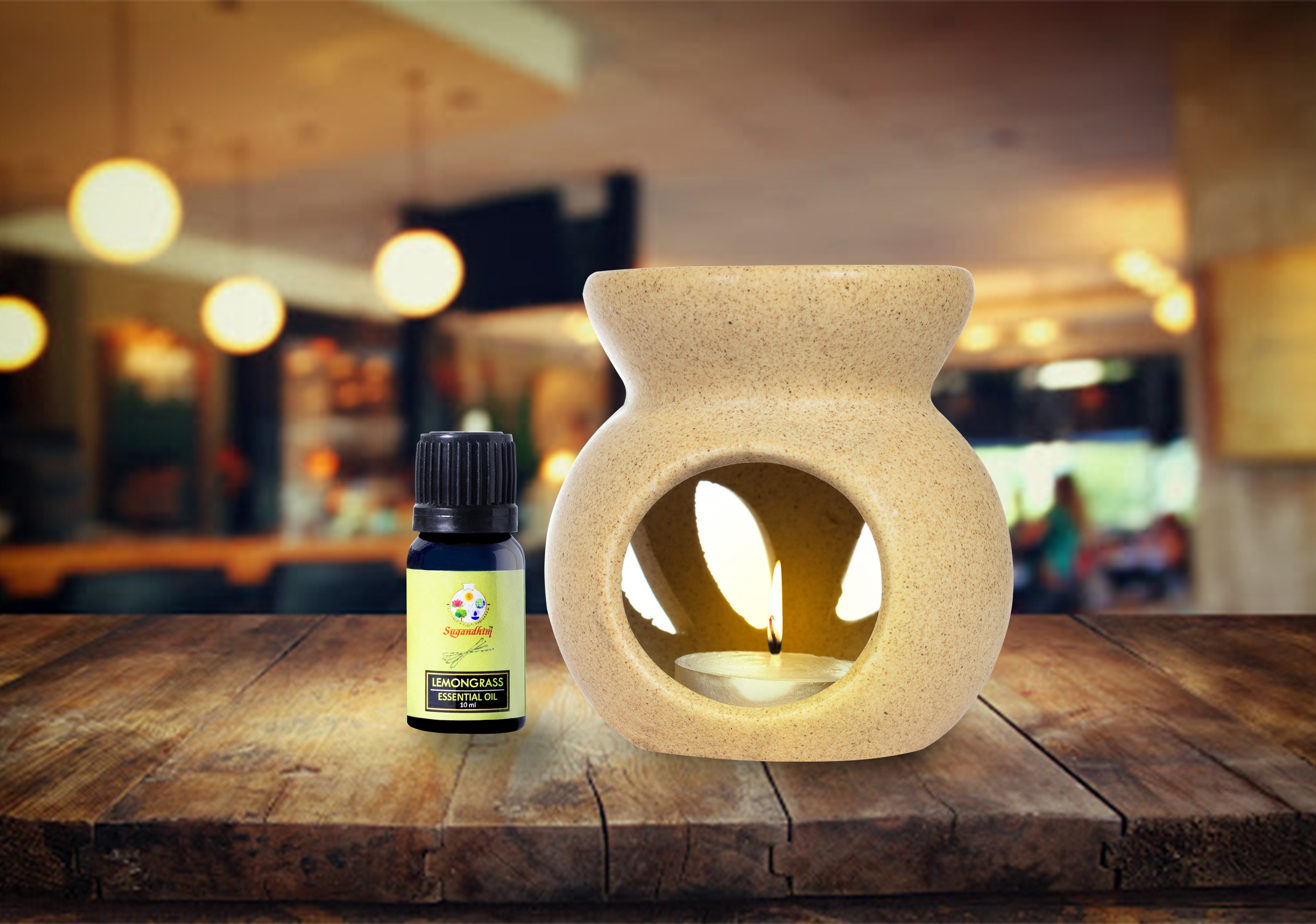 Candle Diffuser Ceramic With 10ml Lemongrass Essential Oil - Beige Colour