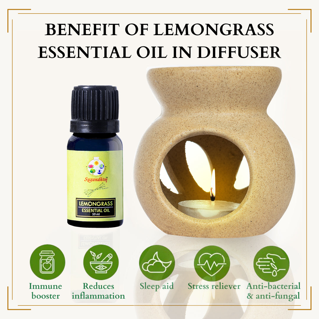 Candle Diffuser Ceramic With 10ml Lemongrass Essential Oil - Beige Colour