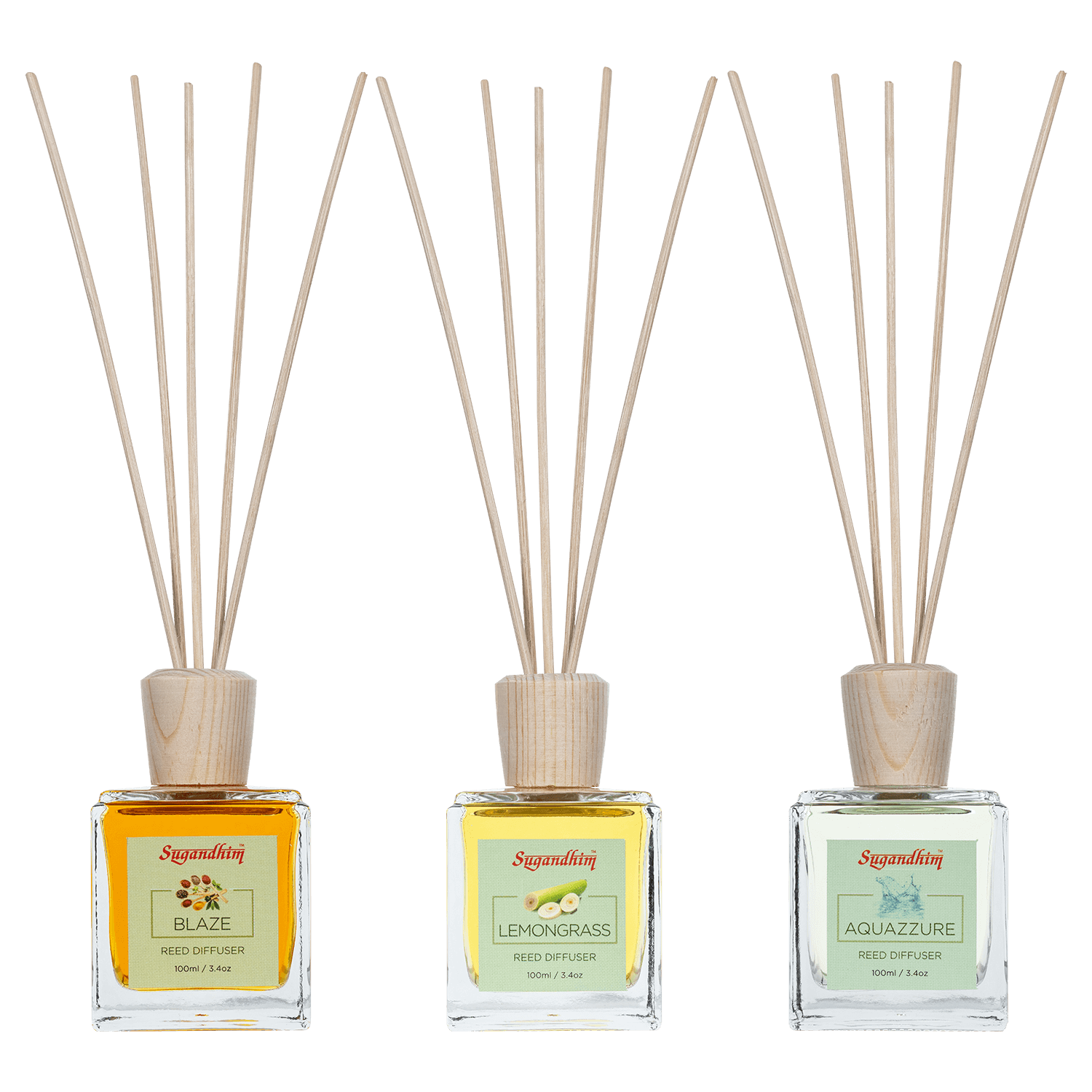 Reed Diffuser - Blaze, Lemongrass & Aquazzure fragrance - 100mlX3 & 5 Reed Sticks in each